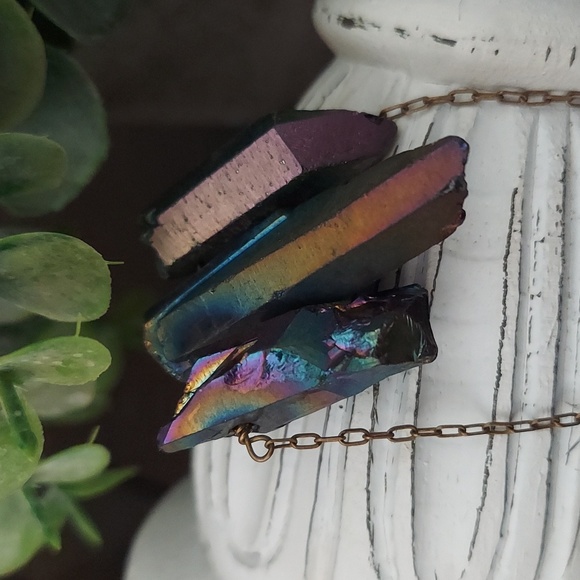 SOLD Raw Rainbow Aurora Quartz Crystal Neckace on 20" Goldtone Chain - Picture 2 of 5